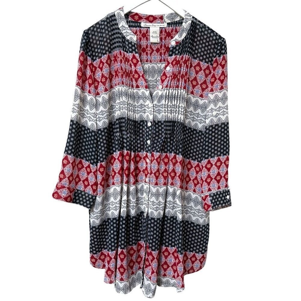AMERICAN RAG Tunic Blouse Large Boho Red Blue Print Womens Top